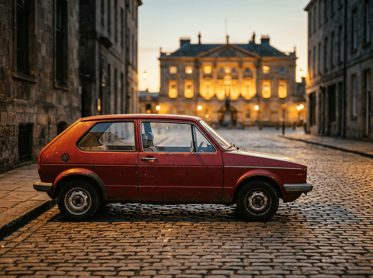 A vintage Fiat parked on a cobblestone street at dusk